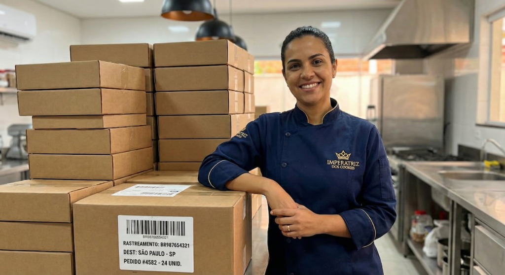 Mulher sorrindo de jaqueta de chef azul-marinho em ambiente de produção, ao lado de caixas empilhadas.
